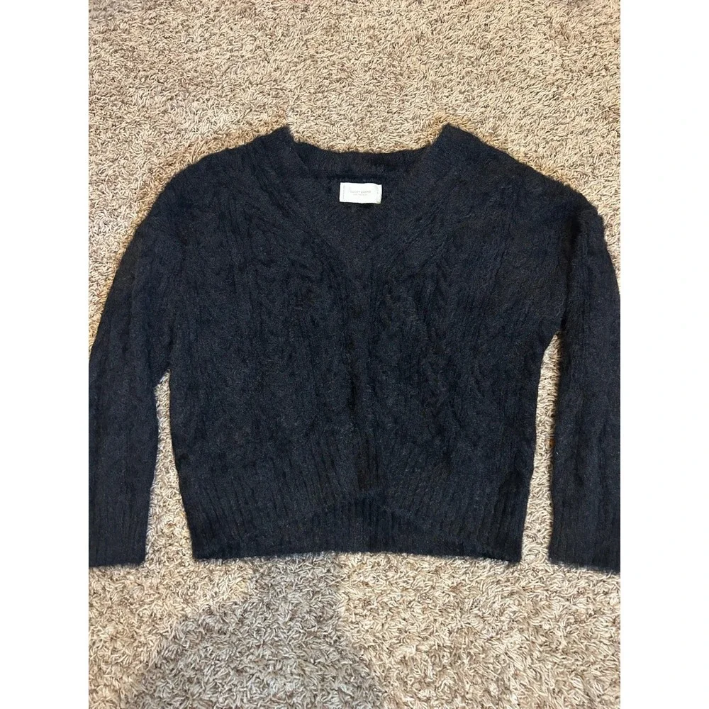 Lucky Brand Womens Black Fuzzy Cable Knit V-Neck Sweater‎ Size S